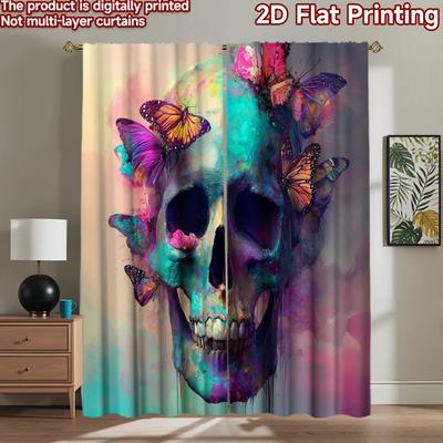 2D Flat Printing 2pcs Curtains Colorful Skull Butterflies Dreamlike Digital Printed Polyester Drapes Family Party Use for New