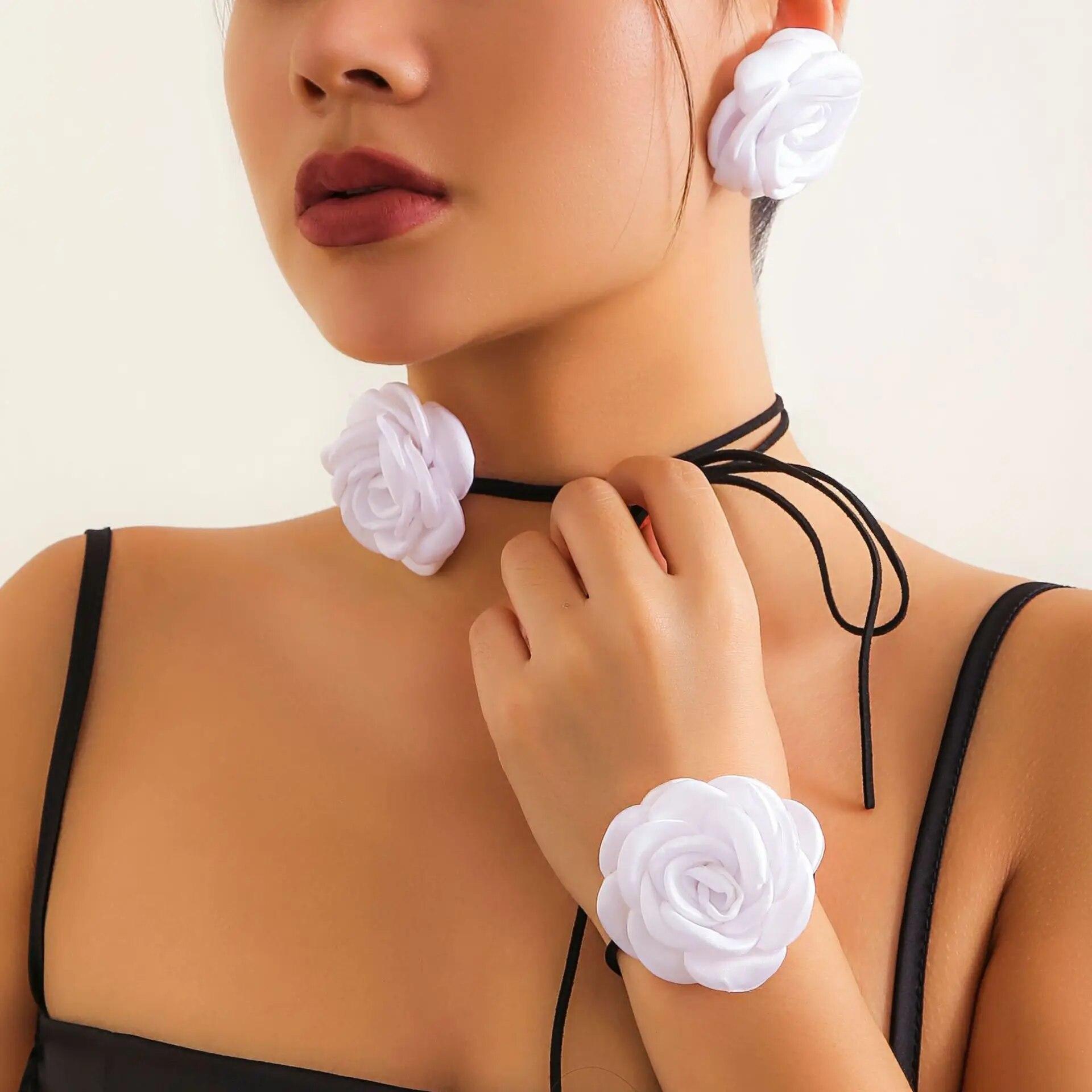 

Romantic Kpop Big Rose Flower Clavicle Chain Necklace Bracelet Stud Earrings Women Goth Adjustable Rope Choker Y2K Jewelry Set