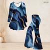 Women Plus Size V Neck Three Quarter Sleeve Printed Blue Flared Top And Flared Pants Two Piece Set