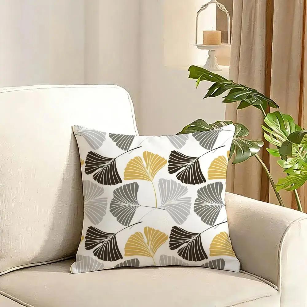 Ginkgo Leaves Printed Cushion Cover Reversible Plush Pillow Cover Soft Fluffy Home Decor for Sofa Bedroom