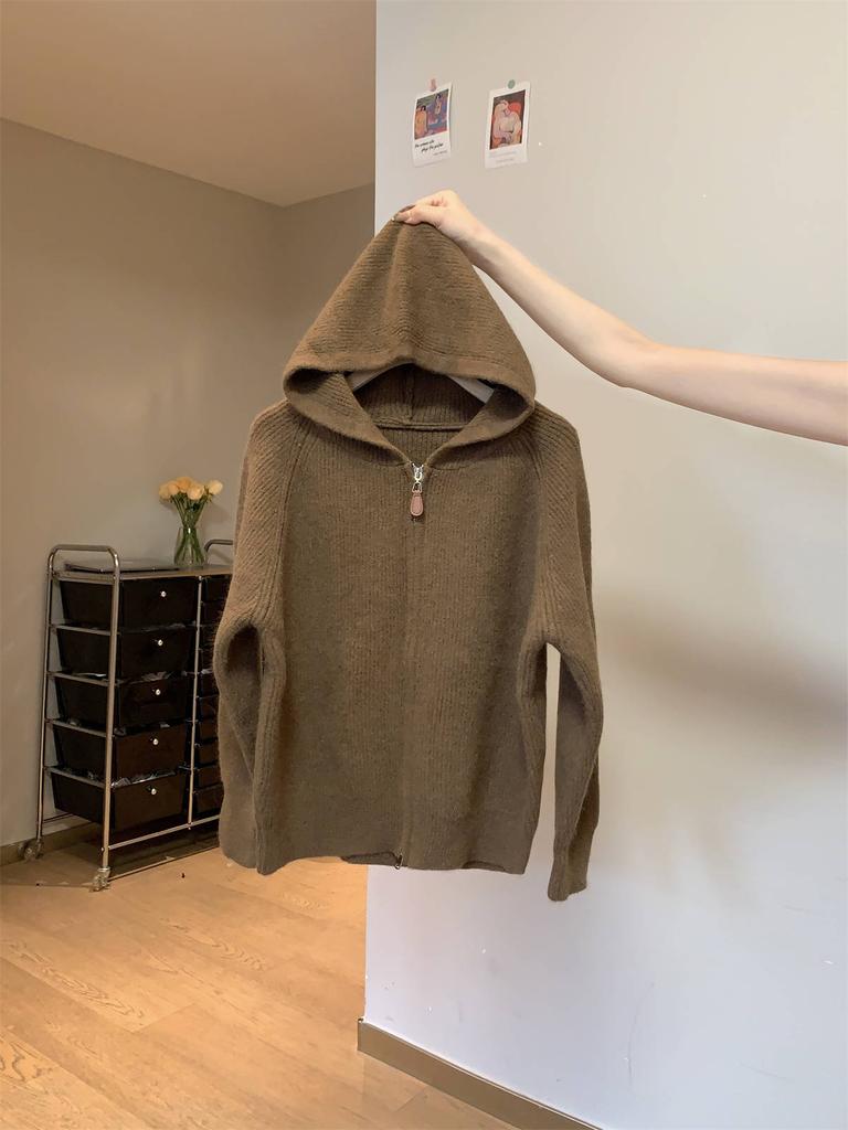 Soft waxy hooded double zipper knitted sweater women's autumn and winter casual lazy style large version long-sleeved jacket high-end top
