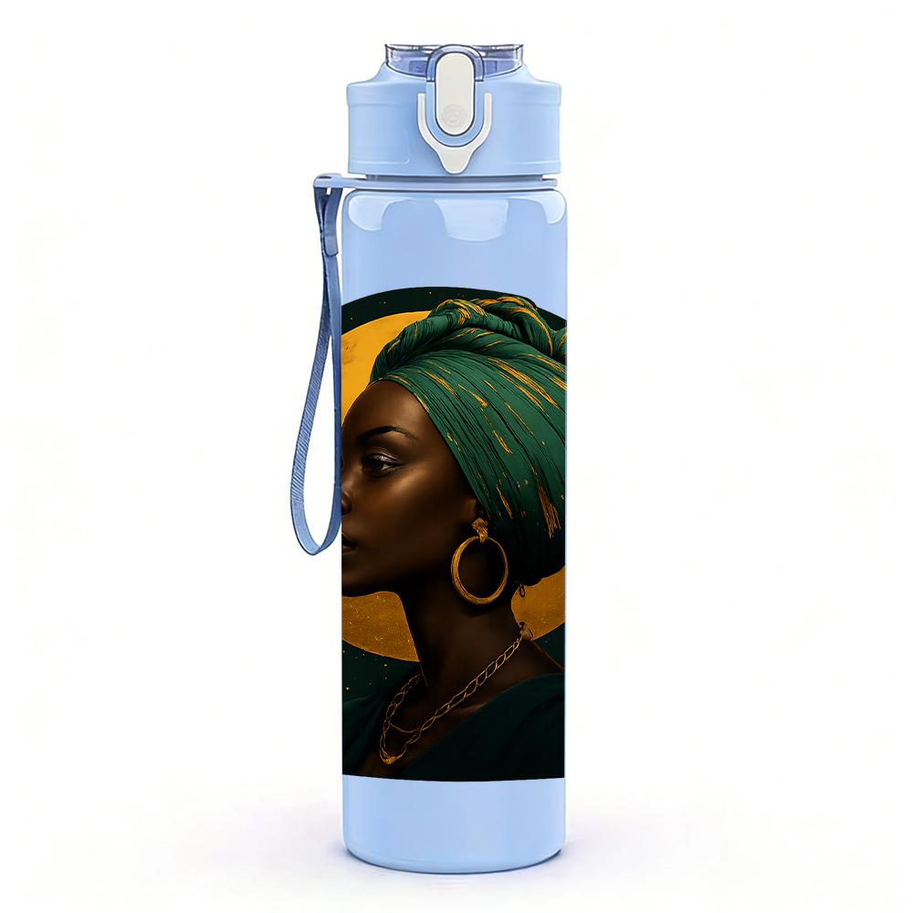 1PC African Lady Portrait Bust 750ml Color Plastic Sports Water Bottle Leakproof Flip Straw Lid For Sports Office Home Use