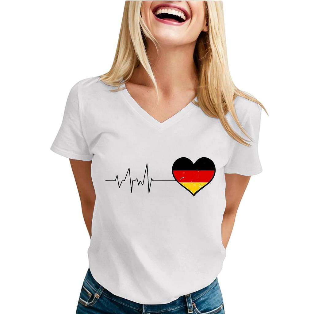 Damen Freizeit V-Ausschnitt Kurzarm T-Shirt Herzschlaglinie Deutschlandflagge Grafik T-Shirt Oberteil Weich Leicht Sommerbluse