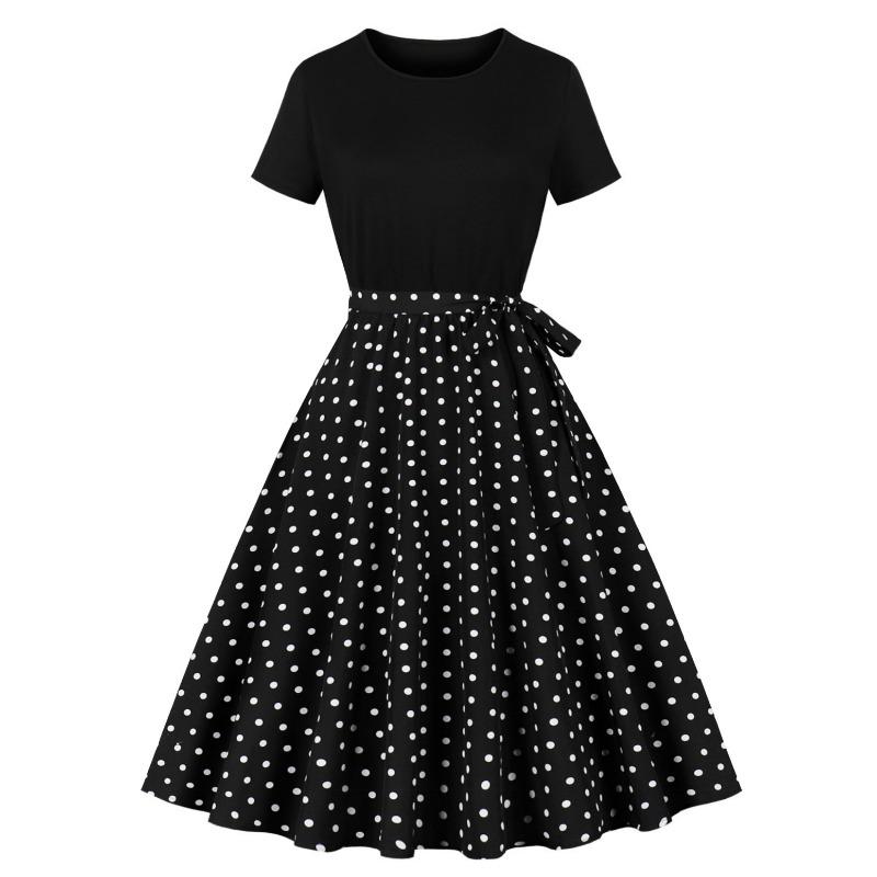 Summer New Retro Women's Crew Neck Short Sleeve Black Patchwork Printing Pendulum Dress