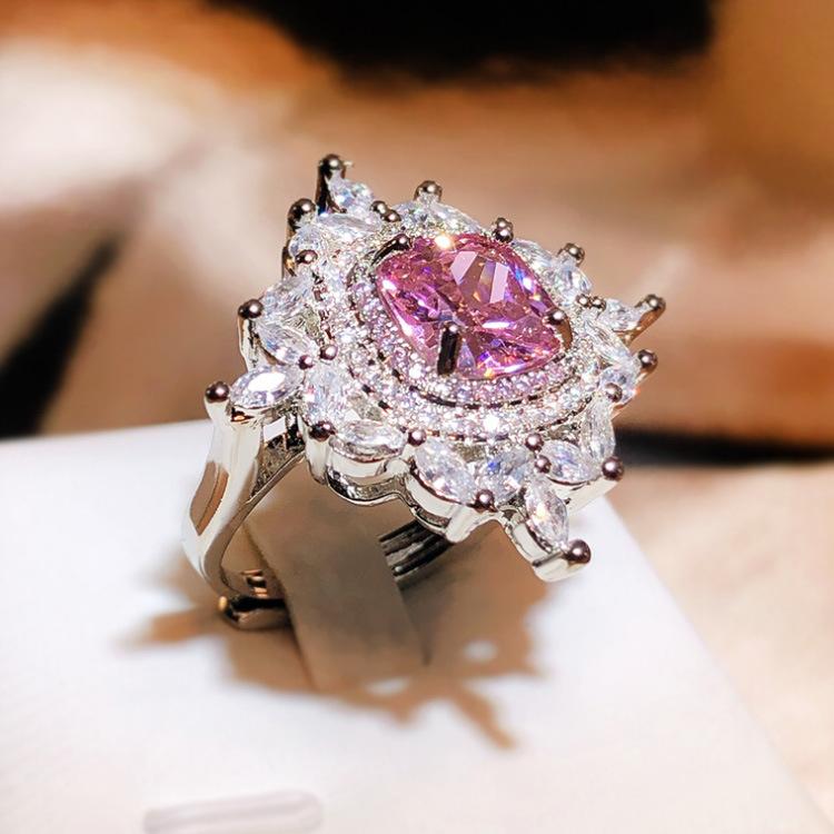 New Color Separation Simulation Pink Tourmaline Color Full Diamond Opening Pink Square Zircon Womans Ring