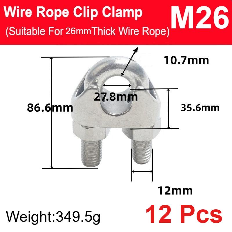 12 Pcs M12-M26 304 Stainless Steel Wire Rope Cable Clip Clamp U Bolt Saddle Fastener