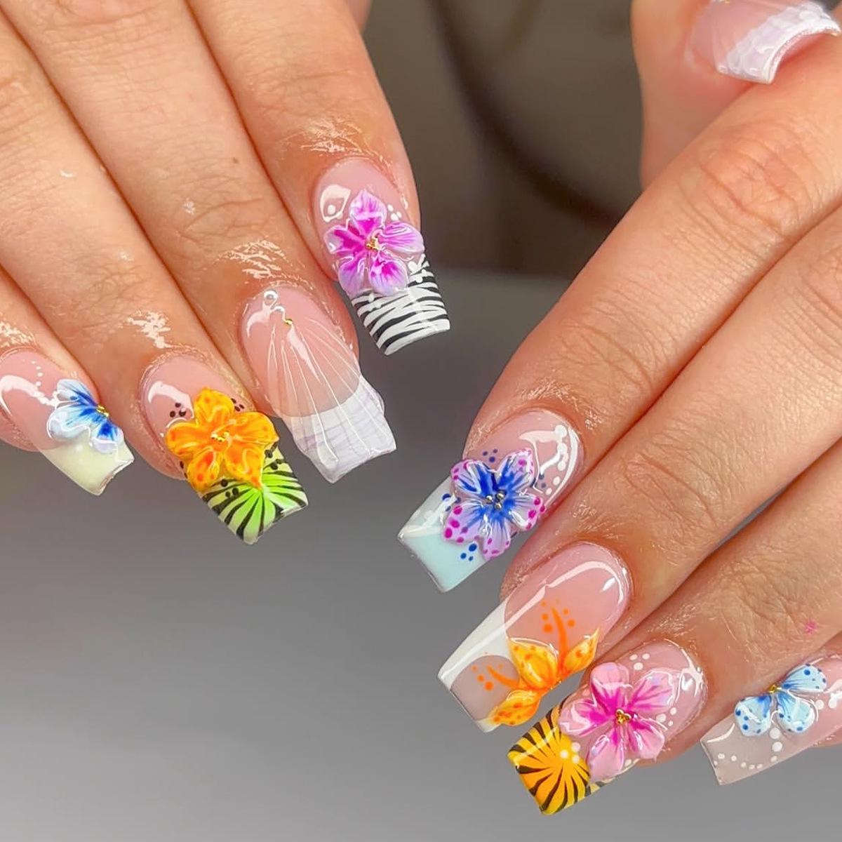 Almond Shaped 3D Zebra Print Flower Nail Stickers for French Manicure жёлтый