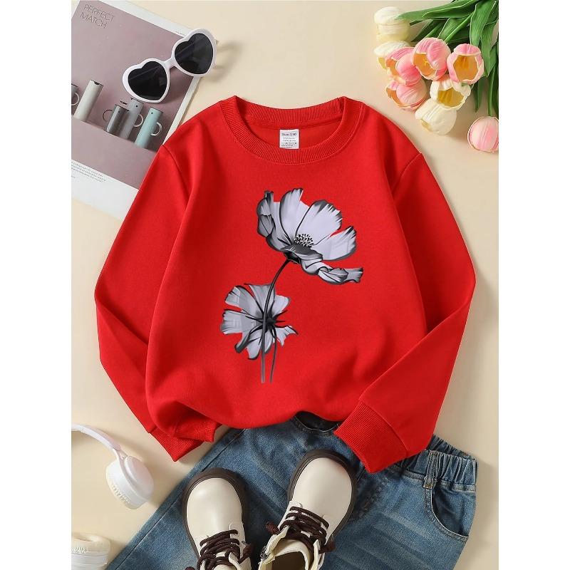 Kids Unisex Crewneck Sweatshirt, Minimalist Gray Poppy Flower Art Print Soft Fleece Pullover For Kids Over 4 Years Old