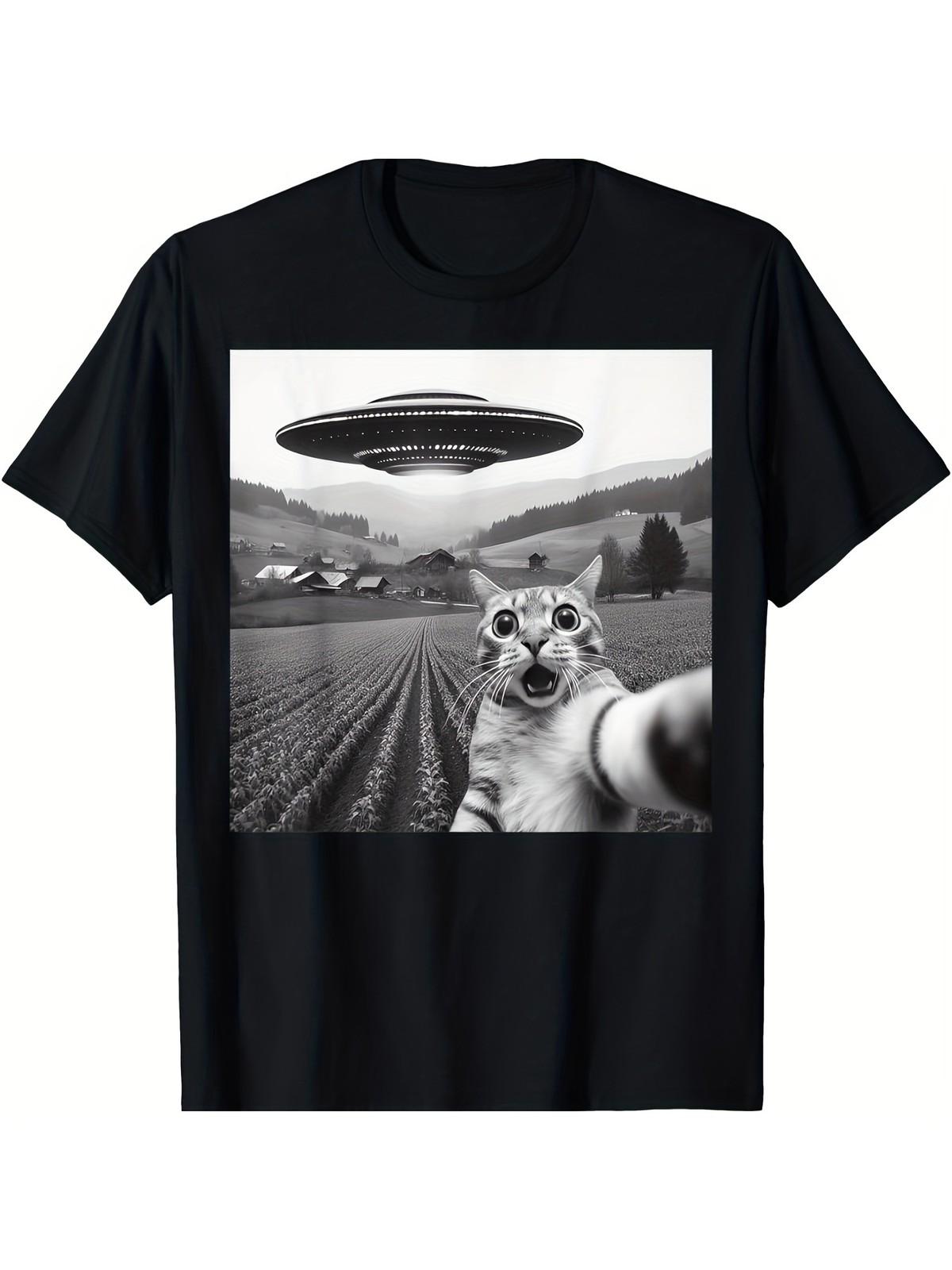 [Comfortable Fit] Men s 100% Cotton Selfie Cat Graphic Tee - Humorous UFO & S разноцветный
