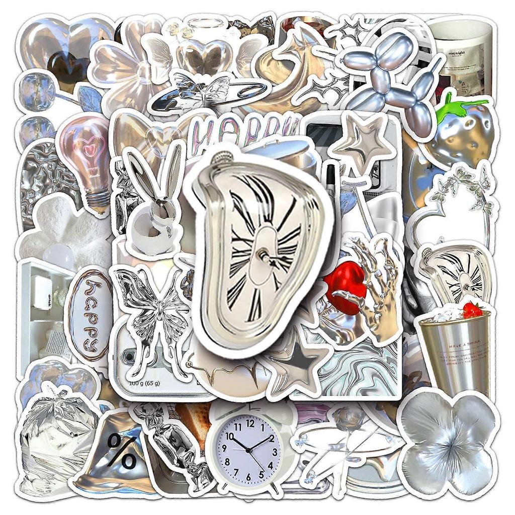 50 silver-toned, Instagram-worthy doodle-style stickers for journaling, DIY phone cases, and luggage.