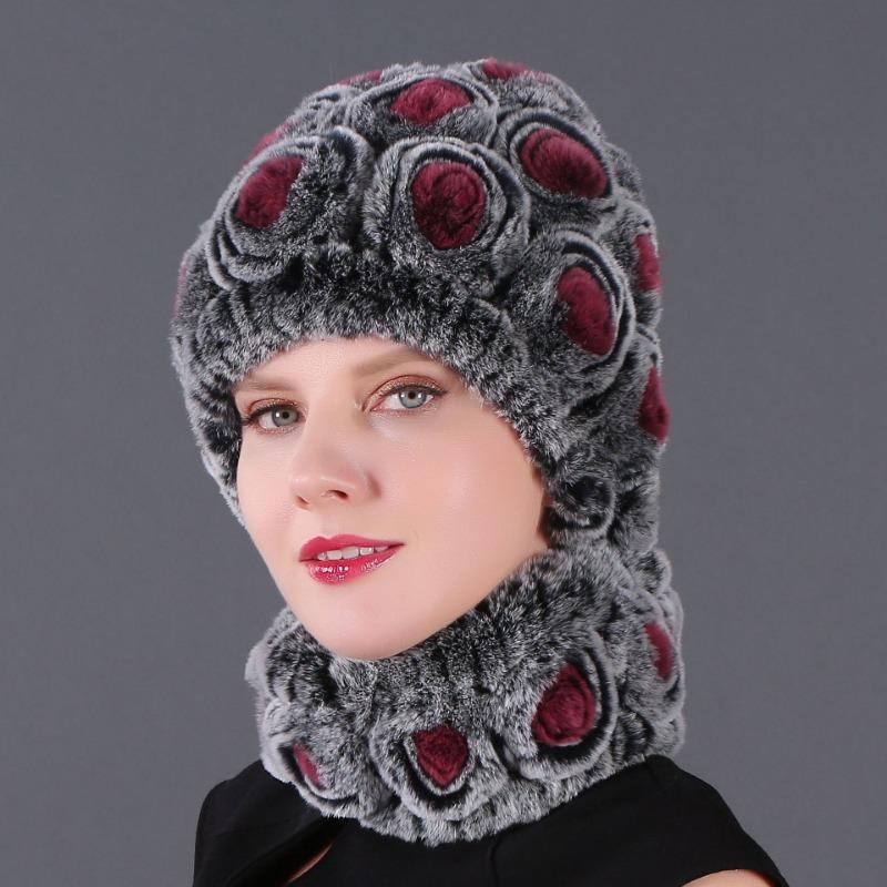 Rex Rabbit Rose Hat and Flower Scarf Set Specializing in the production of Rex Rabbit Scarf Hat Two-piece Adult Hat