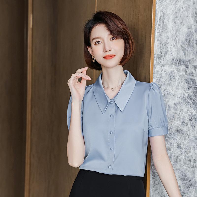 Women's Short-Sleeve White Chiffon Shirt - Trendy Professional Summer Top