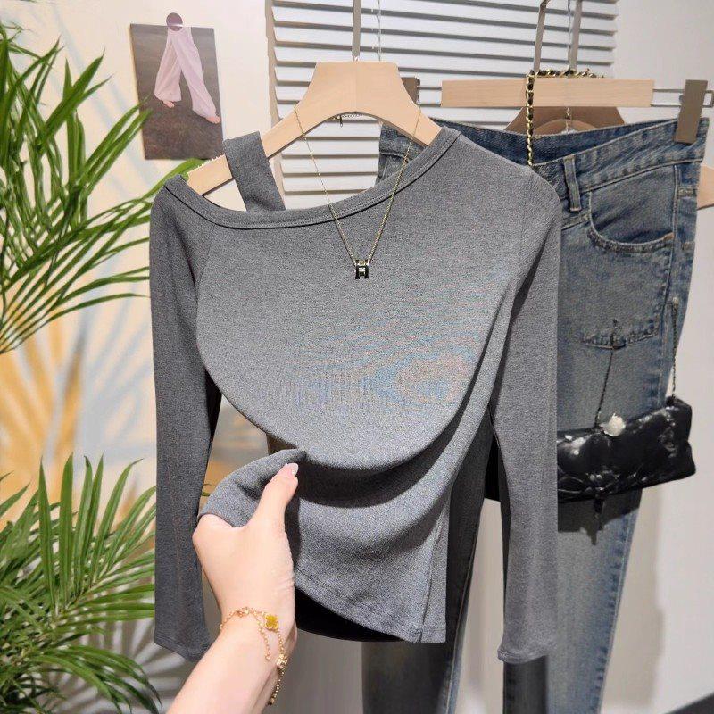 Women's Autumn Plus-Size Off-Shoulder Long-Sleeve Black Slimming Cotton T-Shirt