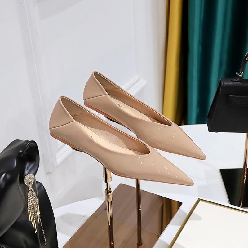 Mode Damen 1cm Niedrige Absätze Arbeit flache Schuhe Damen Lackleder Spitze Niedrige Absätze Dame Prägnant Büro Täglich zum Hineinschlüpfen Flache Schuhe