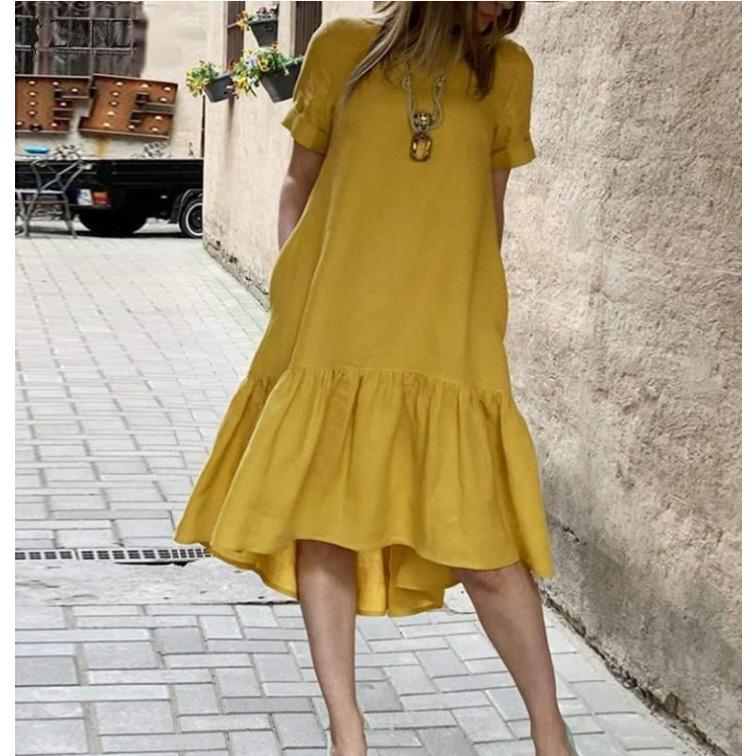 Moda damska Lato Wiosna Jednolity kolor Drukuj Krótki rękaw O-Neck Wysoka talia Casual Sukienki