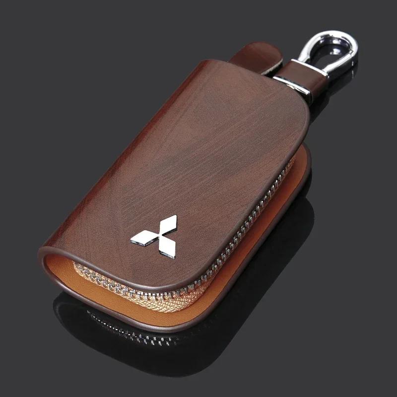 Leather Car Key Bag Vehicle Logo Keychain Case for Mitsubishi Outlander Lancer 9 10 ASX L200 Pajero Mirage Montero Eclipse