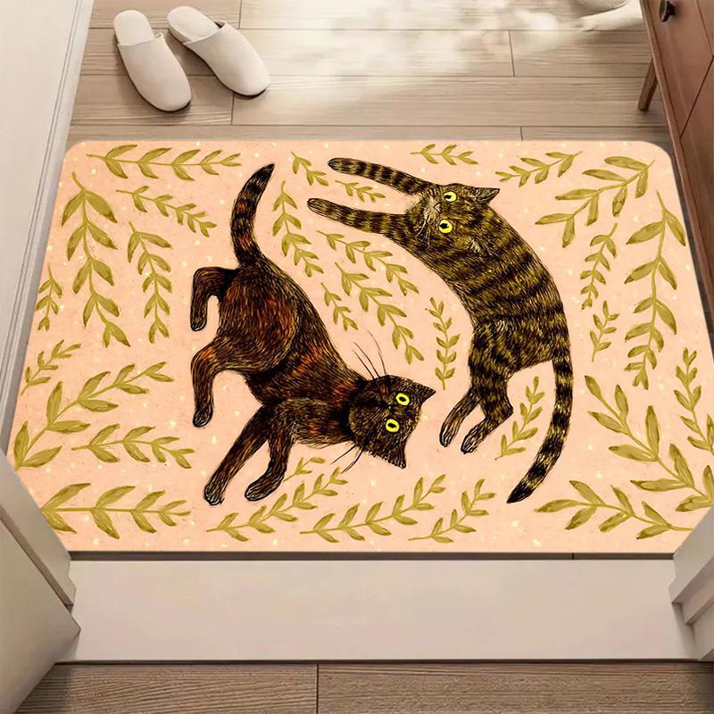 Whimsical Botanical Cat Print Bath Mat Non Slip Washable Cozy Playful Floor Carpet for Bathroom Bedroom Entryway Charming Decor 40x60cm