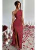 Sexy One-shoulder Pleated Slit-front Short-sleeved Satin Dress with A Summery Elegant Vibe