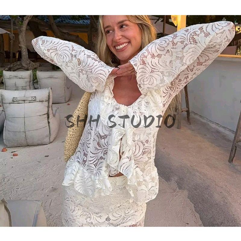 Spring New Women's Clothing Ins Style Lace High Waist Casual Trousers + V Neck Long Sleeves Lace Lace Cardigan Top