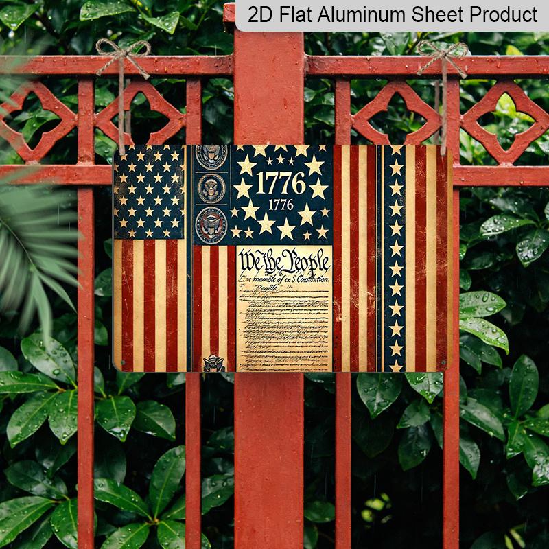 2D Flat, 1pc "Vintage 1776 Patriotic" Decor Plaque, 12"×8" - Retro Flag & Document Design Wall Sign, Red White & Blue - Aluminium Wall Hanging