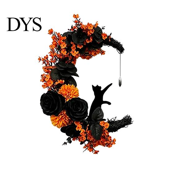 Halloween Moon Wreath Black Cat Wreath, Gothic Crescent Grapevine with Indoor Dark Theme Soft Furnishings Rose Flowers, Spooky Front Door Hanging