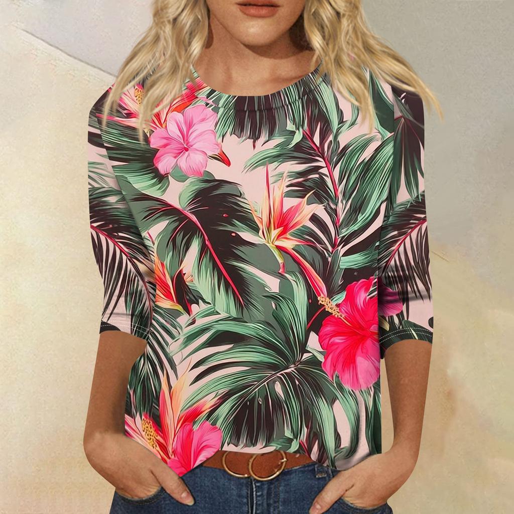 Women's Fashionable Casual Round Neck Three-Quarter Sleeve Printed T-Shirt Top