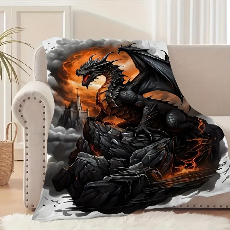 Vintage Dragon Print Fleece Throw BlanketHypoallergenicTear-ResistantAll-Season Knit Polyester Perfect Gift for Family & Friends