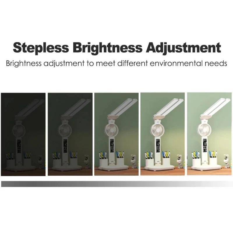 LED Desk Lamp Portable Foldable Fan Lamp Smart Display Clock USB Rechargeable Desk Lamp Eye Protection Study Reading Desk Light