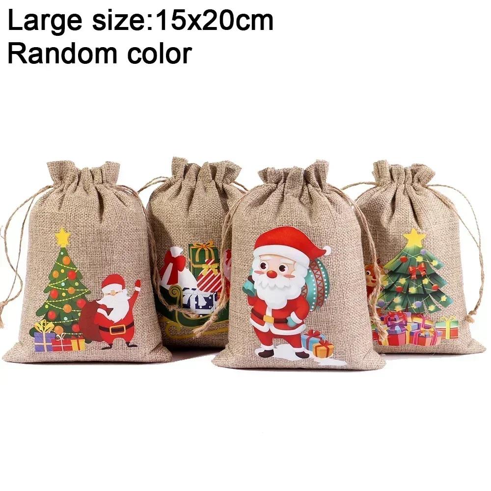 1/30pcs Mini Christmas Drawstring Gift Bags Linen Santa Claus Elk Candy Biscuit Storage Bags Kids New Year Party Packaging Pouch