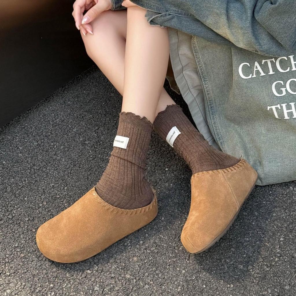 Cowhide Retro Bag Head Half Slippers Women's Outer Wear 2025 New Early Autumn One-pedal Platform Casual Boken Half-tray Shoes