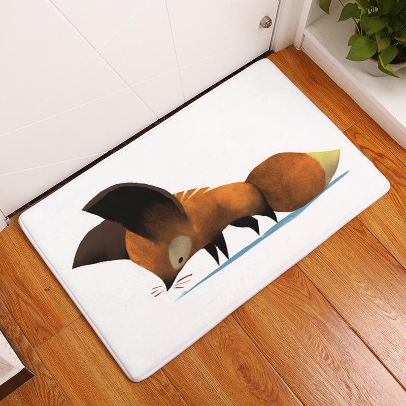 Home Living Room Bedroom Corridor Door Mat Rectangular Kawaii Rug Cartoon Cute Corgi Fox Pattern Non-slip Rug