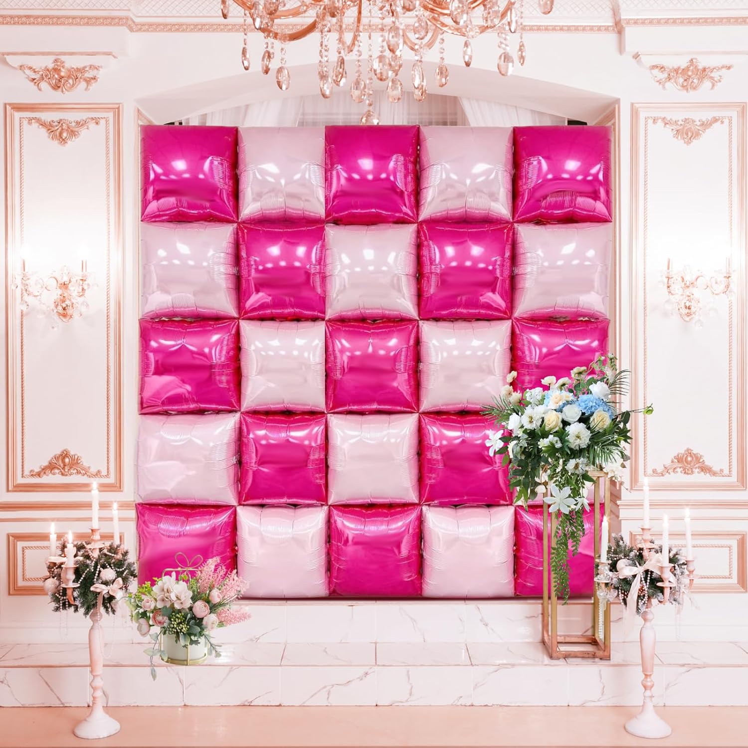 

50pcs Hot Pink Square Foil Balloons Wall Double Sided Wedding Balloons Backdrop Arch Kit for Anniversary Valentines Day Other