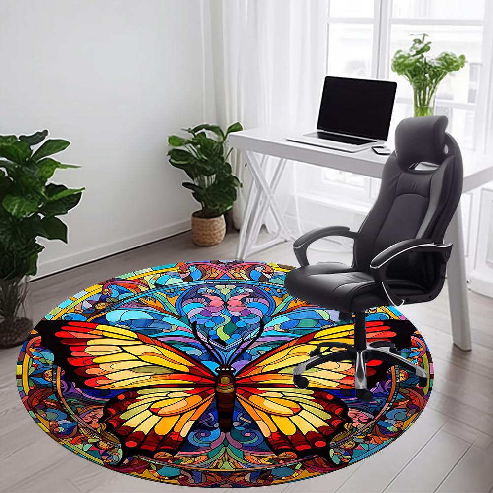1PCButterfly StainedGlass Office Round Area Rug,  Mat Suitable For Office, Under Office Chairs Bedroom Living Room Home Decor, Room Deco