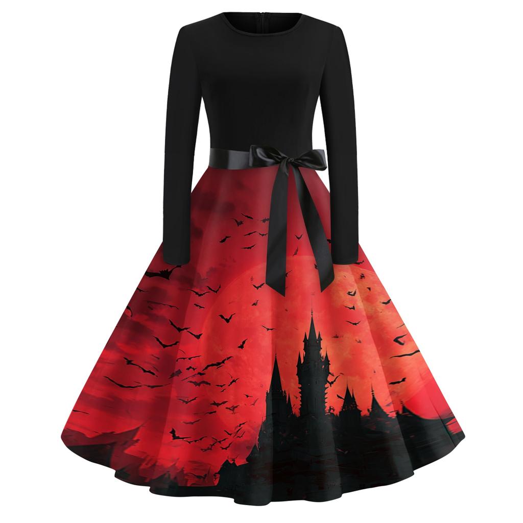 Women's Casual Long Sleeve Round Neck Vintage Halloween Print Midi Dress with Waist Tie Belt Retro Style
