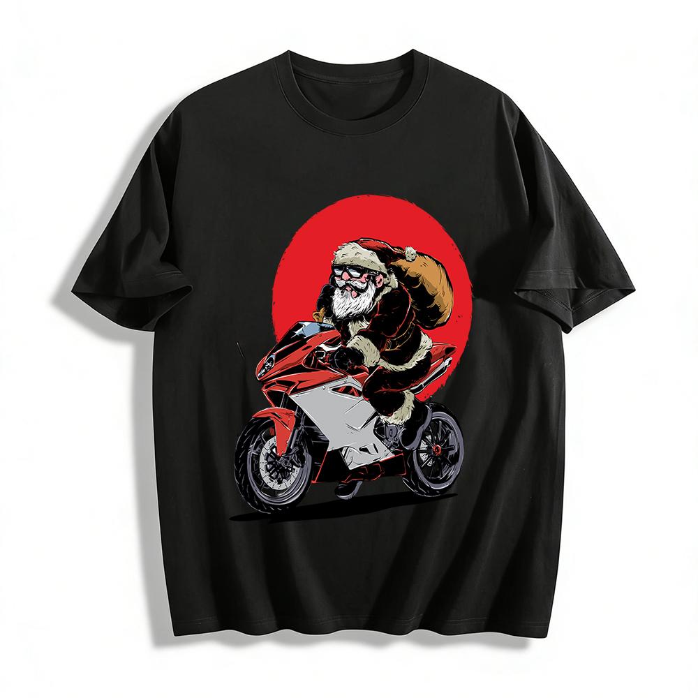 Cool Santa Claus Riding Motorcycle Graphic Casual Top Pure cotton T-shirt XXS