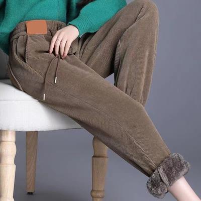 Women Winter Fall Pants Thick Plush Drawstring Elastic Waist Pockets Ankle-banded Thermal Cold Resistant Pure Color Loose Women Casual Harem