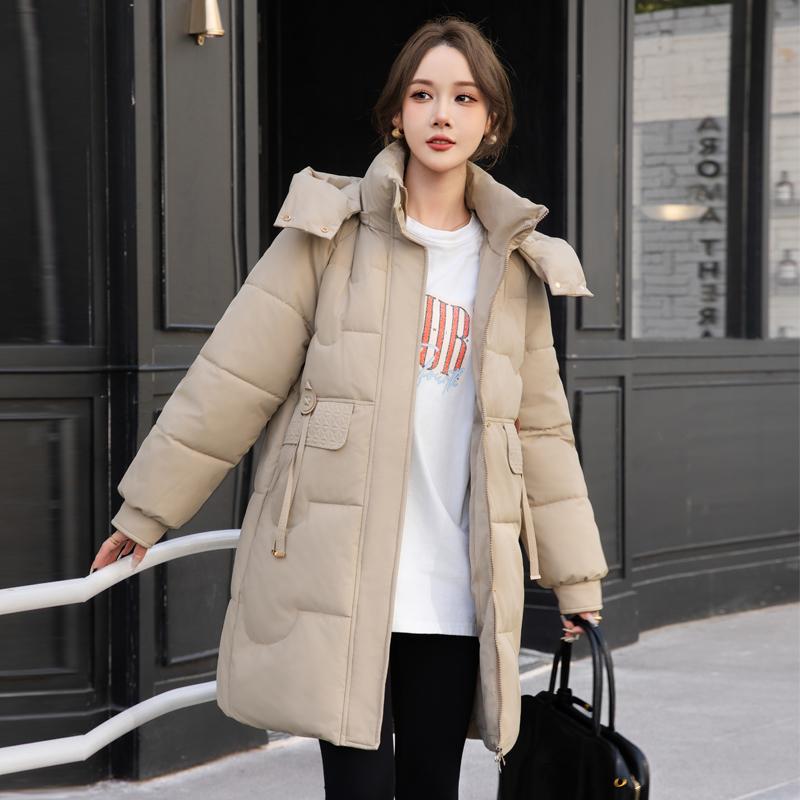 Comfortable and Fashionable Korean Style Plus Size Hooded Long Down Cotton Coat with Large Pockets