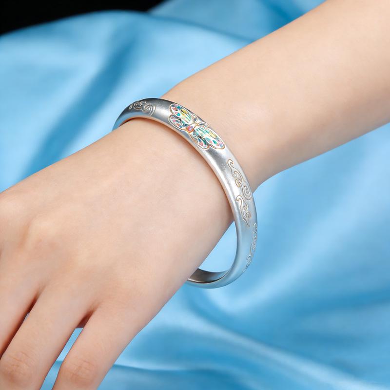 Women's Gold-Painted Enamel Butterfly Bracelet - 999 Sterling Silver Open Bangle, Chinese Style Niche Design