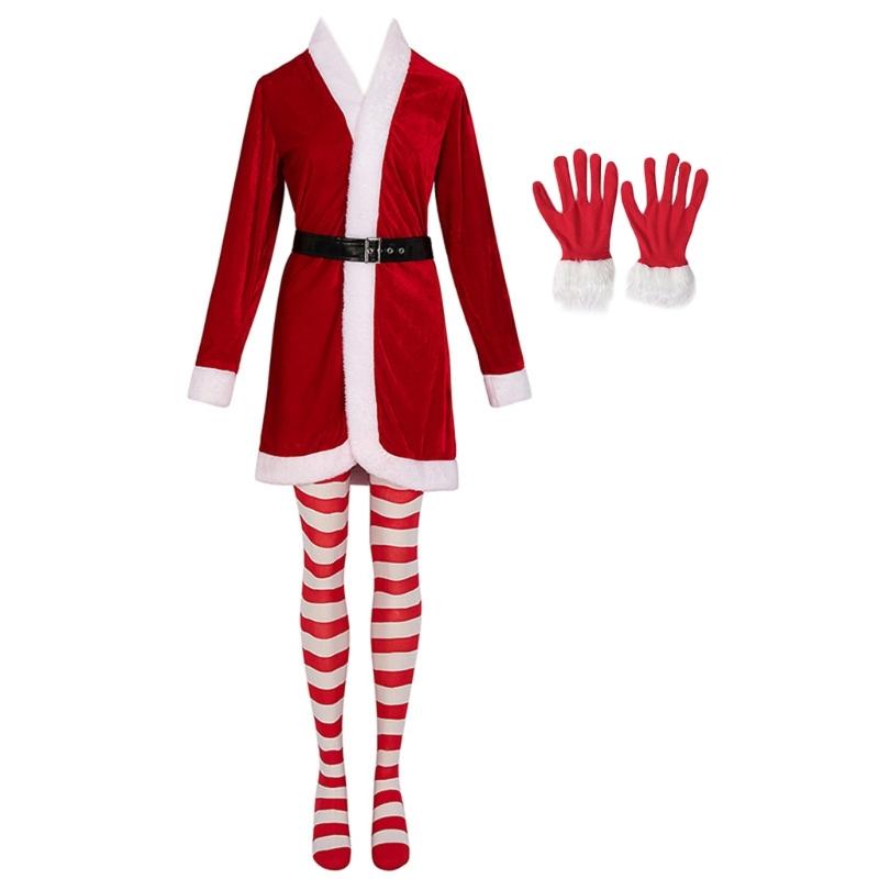 

Women Festival Christmas Party Wear 4 Pieces Performances Santa Suit Velvets Dress and Belt Striped Tights Gloves Set XL красный