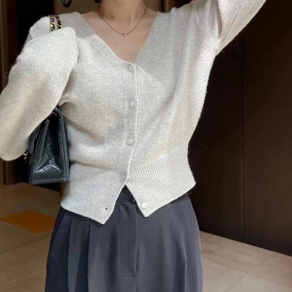 Korean V Neck Cropped Knit Cardigan Women Coat Spring Autumn Solid Color Elegant Slimming Top