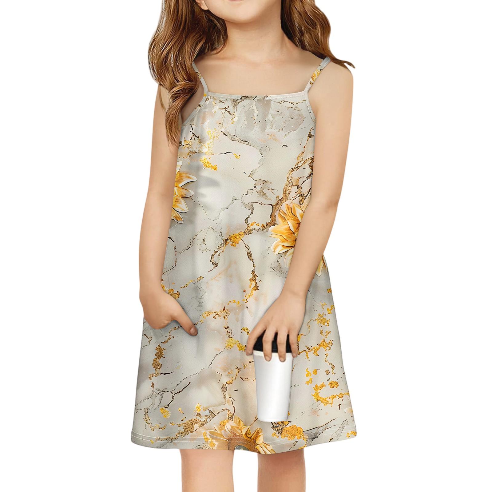 Children s Sleeveless Square Neck Summer A-Line Casual Holiday Floral Suspender Dress 140