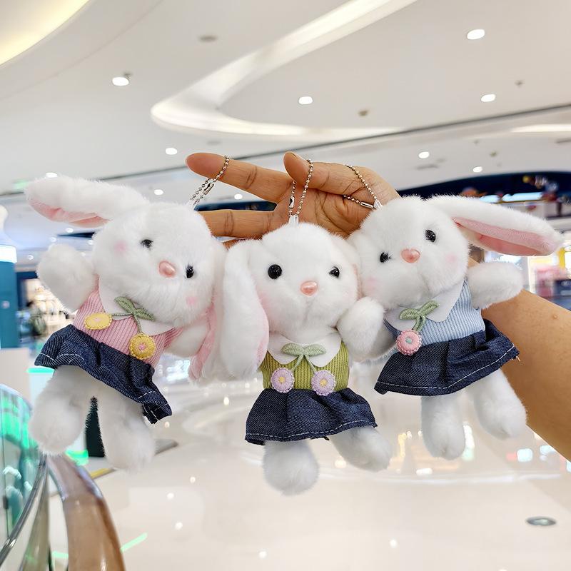 Cute Denim Plush Rabbit Doll Keychain Cartoon Bunny Bag Charm Pendant Claw Machine Prize