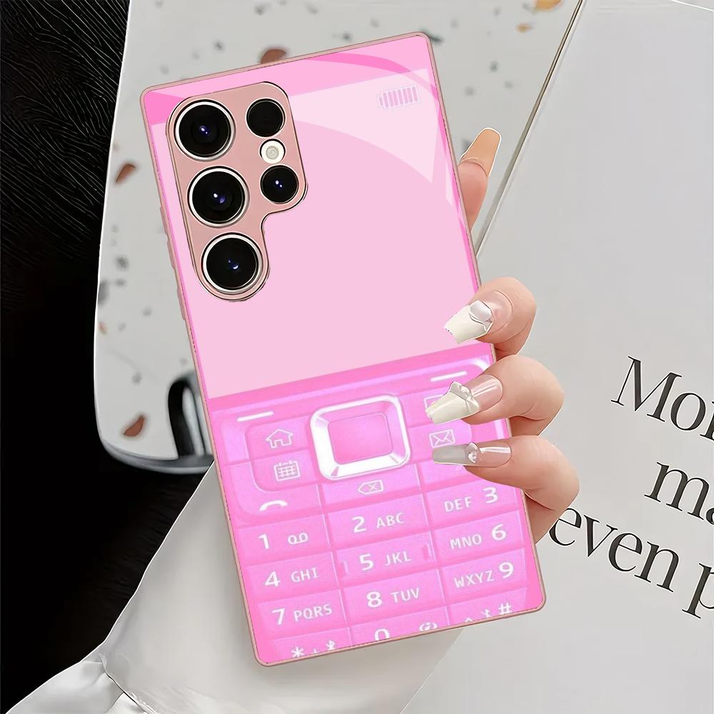 Pink retro button glass phone case suitable for Samsung Galaxy S26 S25 S24 S23 S22 S20 FE/Ultra/Plus anti drop back cover