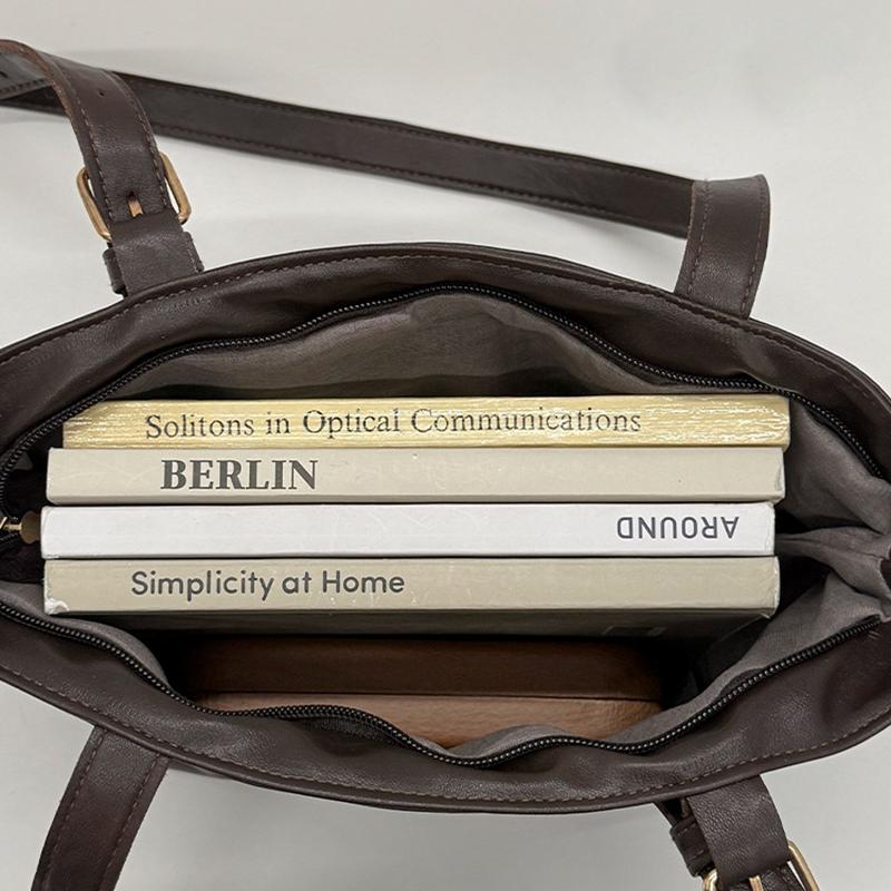 Yogodlns or Daily Commute Shopping Minimalist Vintage Glossy Tote Bag Belt Detail Large Capacity Zipper PU Water Resistant Shoulder Bag