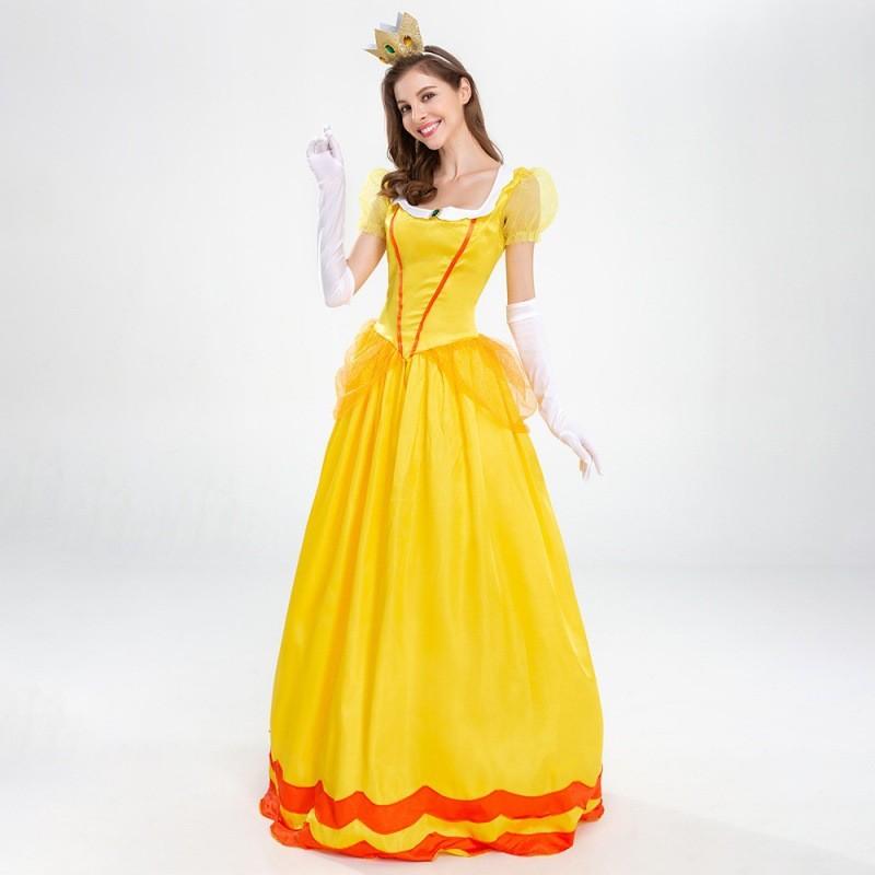 Elegante Vestito Costume da Principessa Daisy con Guanti e Copricapo per Divertimento di Halloween