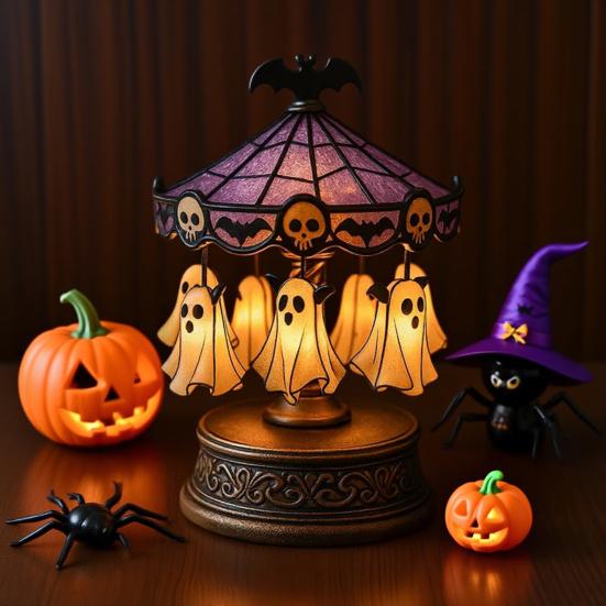 Geisterkarussell-Licht Halloween-Geisternachtlicht USB-Wiederaufladbares Gruseliges Leselicht Nachttischlampe Partydekoration