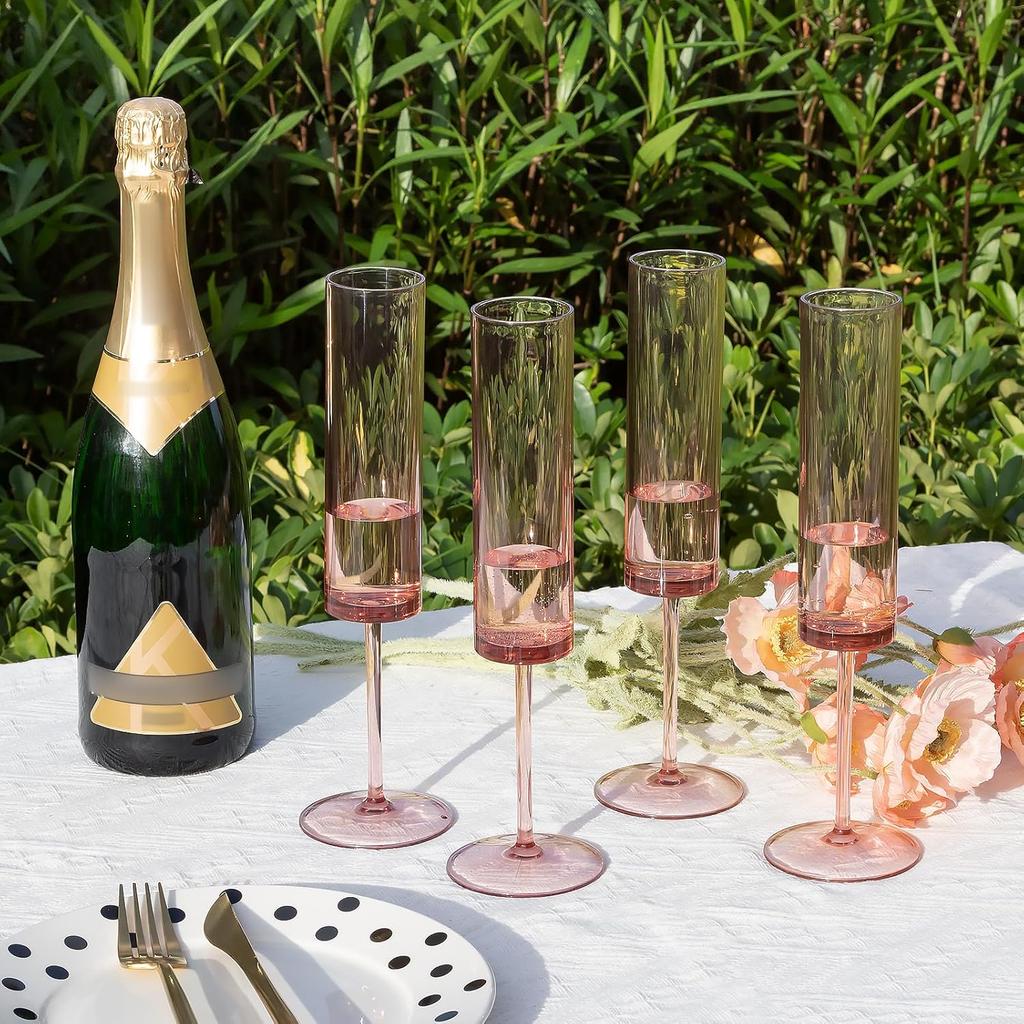 24pcs Pink Acrylic Champagne Flutes 5.4oz Stemmed Coupes for Wedding, Birthday, Anniversary