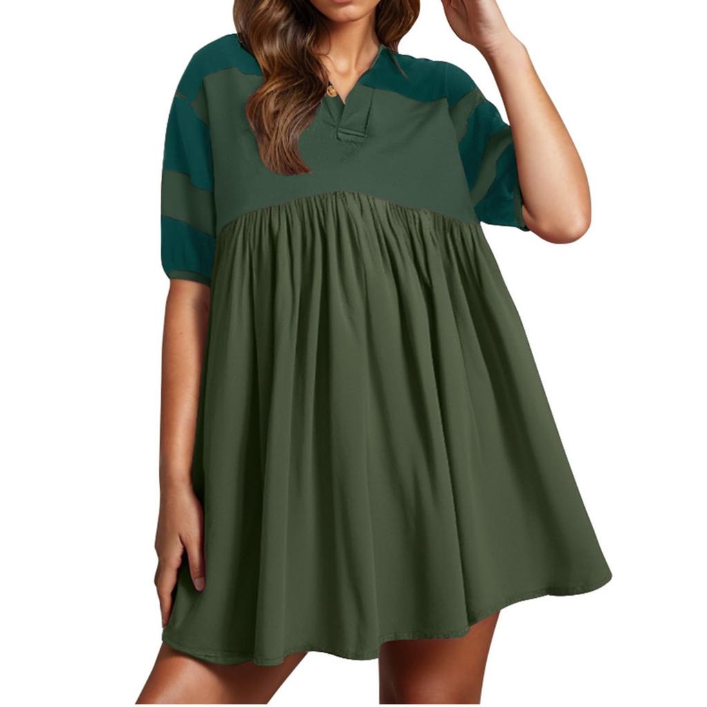 Women Babydoll Dress Striped Colorblock Pleated Oversized Short Sleeve Collar T-Shirt Dress