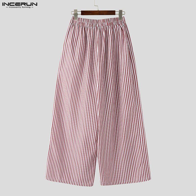 INCERUN Men Elastic Waist Casual Loose Striped Wide Leg Trousers Long Palazzo Pants