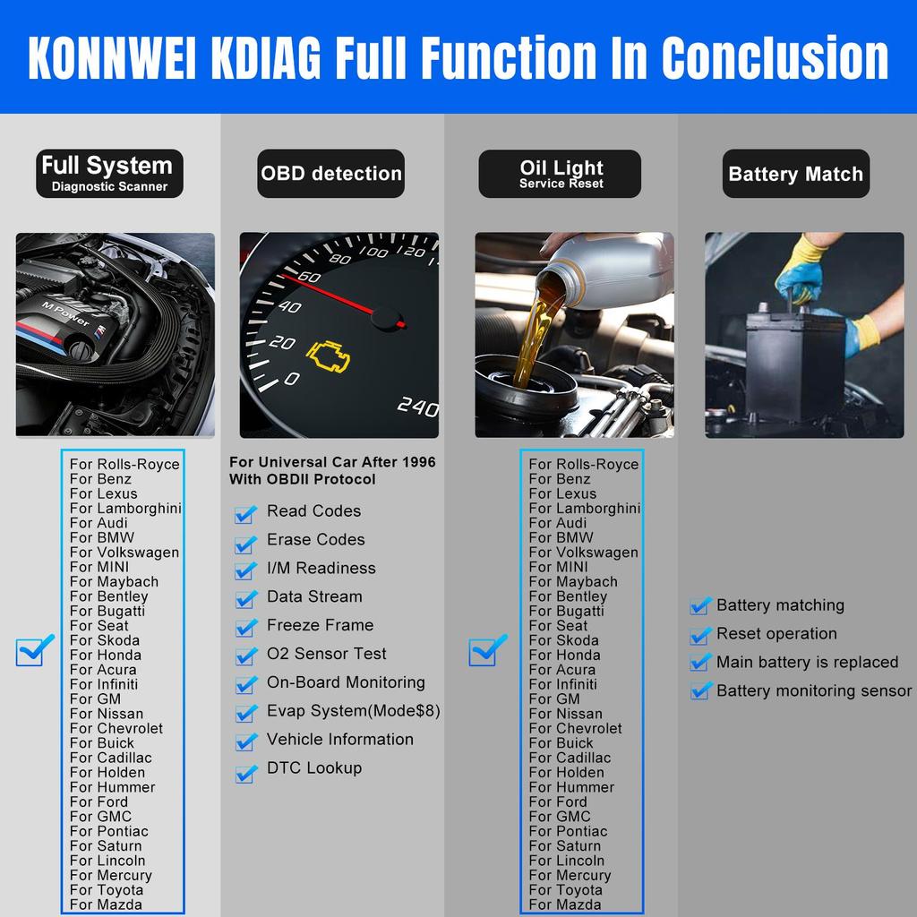 KONNWEI KDIAG Bluetooth Nástroj pro automatickou diagnostiku celého systému Reset oleje Párování baterie Resety Autoskener Čtečka kódů Doživotně zdarma